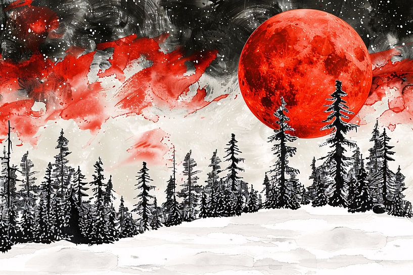 Surreal winter landscape with red moon by Art & Soul Creations