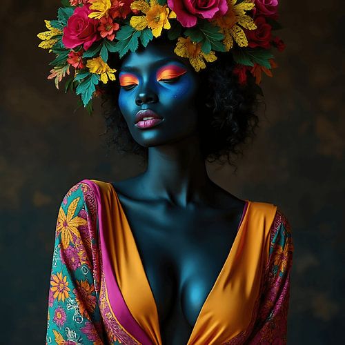 Portret van een mooie donkere vrouw met felle kleuren