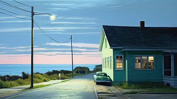 Huis aan de kust met klassieke auto jaren vijftig van Vlindertuin-Art