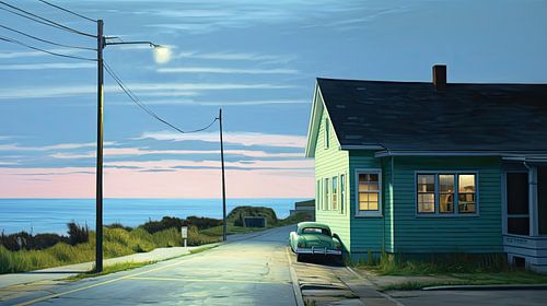 Huis aan de kust met klassieke auto jaren vijftig