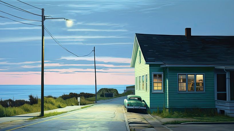Huis aan de kust met klassieke auto jaren vijftig van Vlindertuin-Art