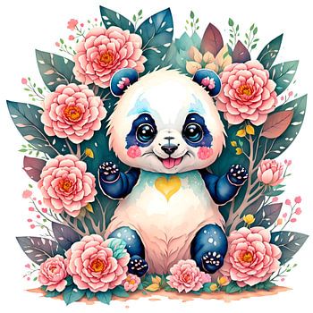 Happy panda in flowers
