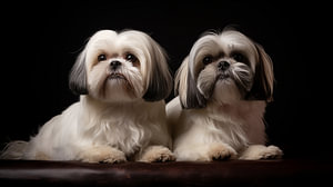 Ein Paar Shih-Tzu-Hunde posiert in einem Studio mit schwarzem Hintergrund