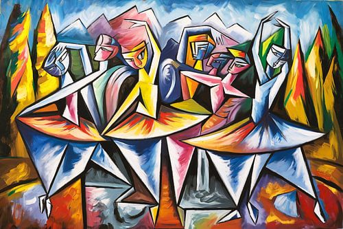 Kubistische dansers in kleurrijk landschap