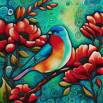 Blauw en rood gekleurde vogel tussen bloemen