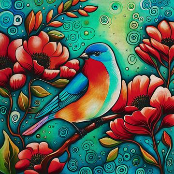 Blue and red colored bird among flowers
