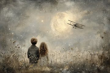 Kinderkamer schilderij - vliegtuig bij maanlicht van Peter Pen tekeningen en schilderijen