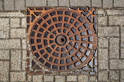Gietijzeren putdeksel in bestrating