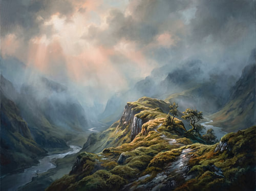 Das nebelverhüllte Bergtal im Morgengrauen von Syapaat syapaat