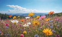 Een bloemenveld met een blauwe lucht op de achtergrond