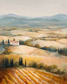 Tuscan hills dotted with cypress trees and vineyards by Lauren Wilde