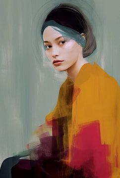 Modern portret in okergeel, rood en blauw van Carla Van Iersel