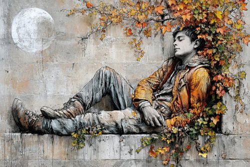 Jonge man aan Verweerde Muur -  Rustgevend Urban Kunstwerk