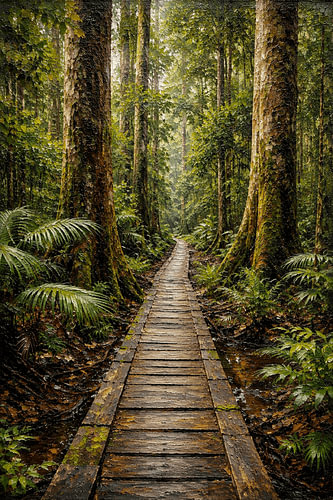 Holzsteg durch den Regenwald von Sungai Wain, Indonesien