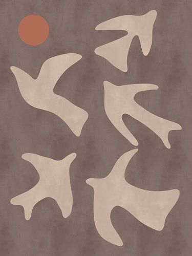 Tableau abstrait contemporain de style bohème représentant un oiseau et un soleil, couleur taupe, Terra II sur Dina Dankers