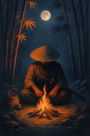Lone Samurai by Campfire Under Full Moon in Bamboo Forest by Rudi Pratama