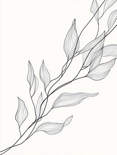 Élégant dessin au trait en noir et blanc représentant des feuilles et des branches ondulantes