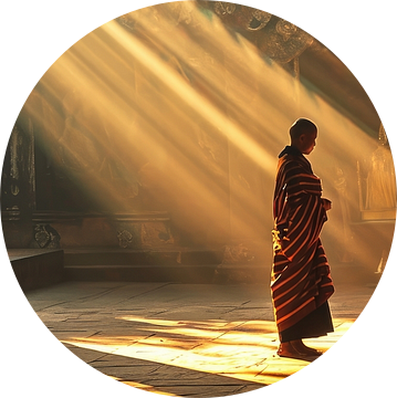 Panorama van een monnik in een tempel tijdens het gouden uur van Digitale Schilderijen