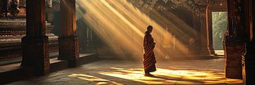 Panorama of a monk in a temple during the golden hour by Digitale Schilderijen