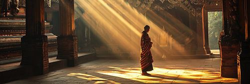 Panorama van een monnik in een tempel tijdens het gouden uur