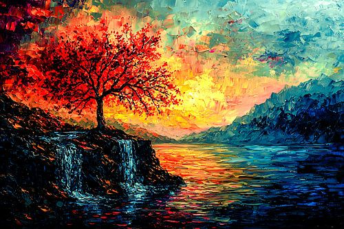 Boom bij zonsondergang waterval