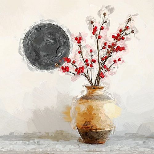 een terracota vaas met rode besjes japandi stijl.