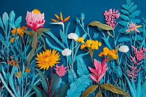 Papier Blumen auf Blau Botanische Collage Kunstwerk