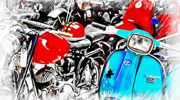 Ein Spritzer blauer und roter klassischer Motorräder
