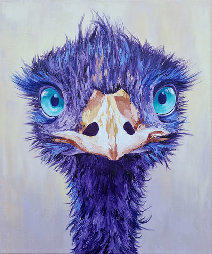 Monika | Kleurrijk modern struisvogel portret – expressieve dierenkunst