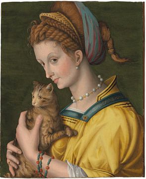 Portret van een jonge dame die een kat vasthoudt, Bachiacca