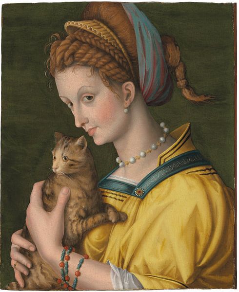 Porträt einer jungen Dame, die eine Katze hält, Bachiacca von Bridgeman Masters