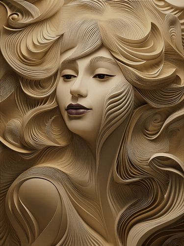 Elegant reliëfportret van een vrouw met golvend haar