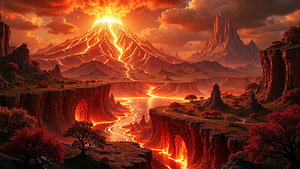 Fantasy Art Wandbild: VULKANOR – Eine Vulkanlandschaft mit Lavaströmen und epischen Bergen
