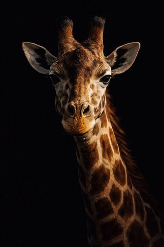 Portret van een giraffe in minimalistische, donkere en elegante stijl