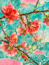 Botanische Mixed-Media-Kunst: Zweige mit korallenroten Blüten von Studio Pieternel