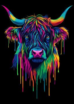 Kleurrijk hooglandvee in moderne pop-artstijl met druppeleffect van Pixelbull Design