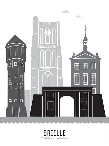 Skyline illustratie Brielle in zwart-wit-grijs