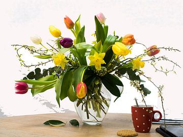 Tulpen, een fleurig boeket,voor op tafel of  aan de muur.. van Janny Schilderink......Atelier "de Tuute "