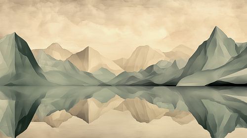 Kubistisch berglandschap gespiegeld in het meer