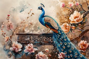 Portrait of a peacock among flowers by Thea