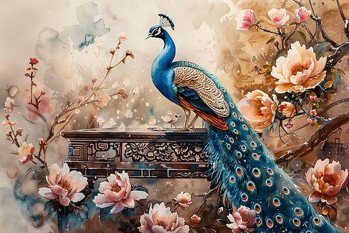 Portrait d'un paon parmi les fleurs