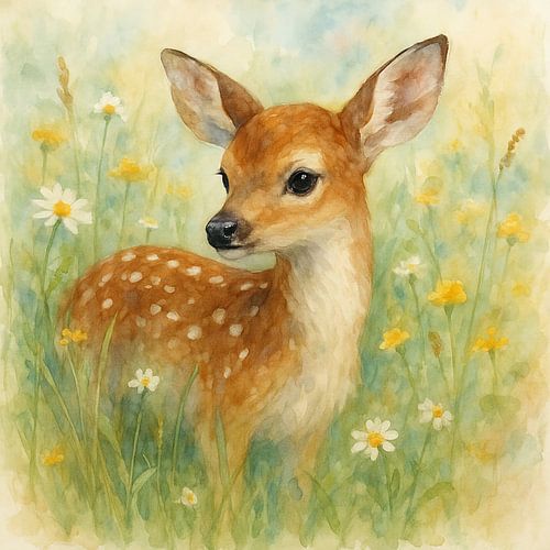 Klein hertje in bloemen weide (AI) (lief, schattig, bambi, natuur, lente, jonge dieren, aquarel, schilderij, kinderkamer)