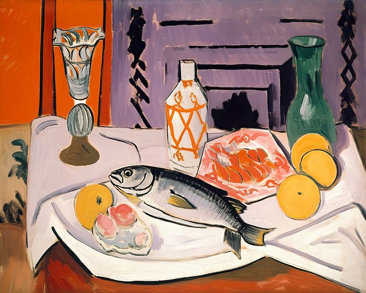Still life with a fish and lemons by Vlindertuin-Art