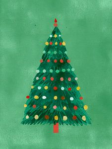 Fröhliche minimalistische Weihnachtsbaum-Illustration in Grüntönen mit bunten Lichtern
