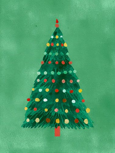 Illustration minimaliste joyeuse d'un arbre de Noël dans les tons de vert avec des lumières colorées