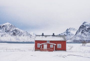 Des flocons der neige volent autour de la maison rouge sur Rolf Schnepp