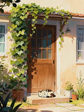 ANIME Porte pour chat endormi - Cottage ensoleillé recouvert de lierre Esthétique Ghibli