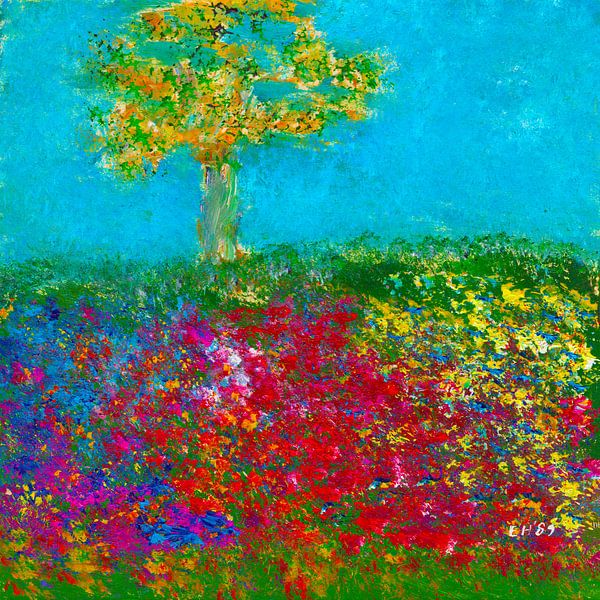 EH PAINTING ART 1989 #0387 Baum im Blumenfeld Lebendigkeit von Willem Hartgers