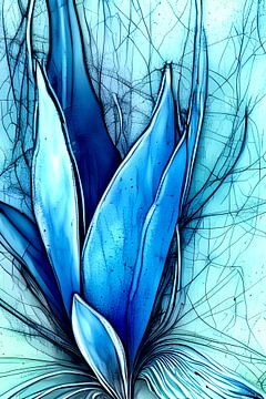 Blauw I - bloem en blad - alcohol inkt digitaal van Lily van Riemsdijk - Art Prints with Color