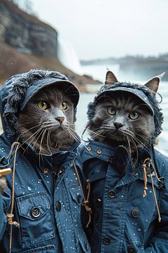 Nieselregen Schnurrer: Abenteuerlustige Katzen am Wasserfall von Felix Brönnimann